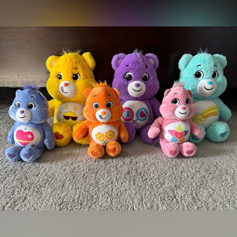 Care Bears Stuffed Animals Set - Yellow, Purple, Blue, Orange, Pink, Teal